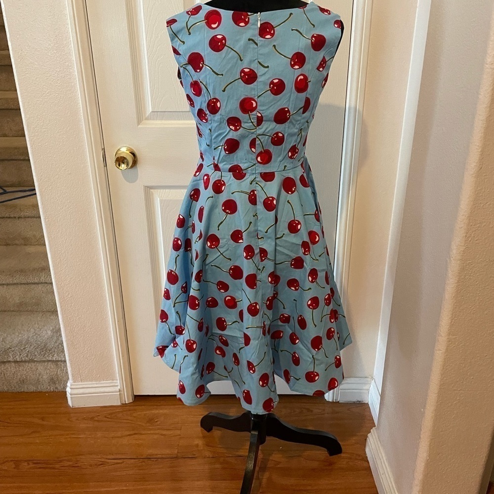 NWT womens PIN-UP BLUE DRESS WITH RED CHERRYS style dress SIZE MEDIUM​​​​​​​​ - Picture 4 of 6